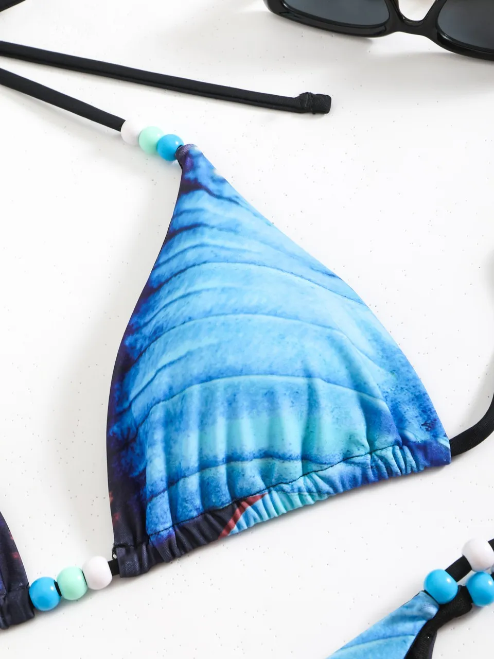 Blue Butterfly Print Swimsuit 2026 Women Lace Up Beaded String Swimwear Sexy Beachwear Female Bathers Swimming Swim Suit Summer