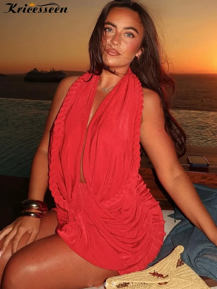 Kricesseen sexy ​ Dames effen wikkelontwerp met ruches en gedraaidetail Jurk Dames Halter Backless Cocktail Party Clubwear Bodycon