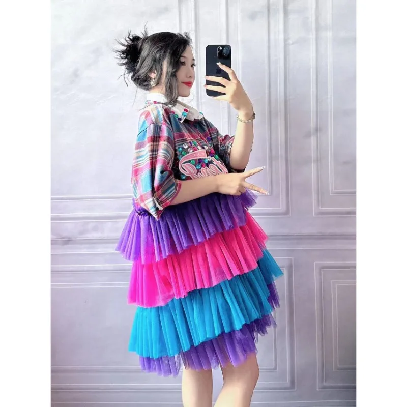 高級ラインストーンチェック柄プリントメッシュフリルシャツドレスコントラストカラーガーゼ多層シャーリングブラウスドレス半袖Tシャツ