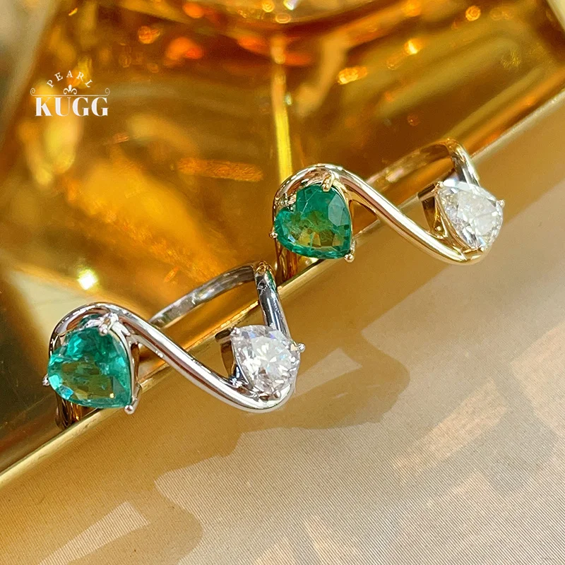 KUGG 100% 18K White/Yellow Gold Rings Romantic Style Shiny Diamond Heart Shape Real Natural Emerald Ring for Women Fine Jewelry