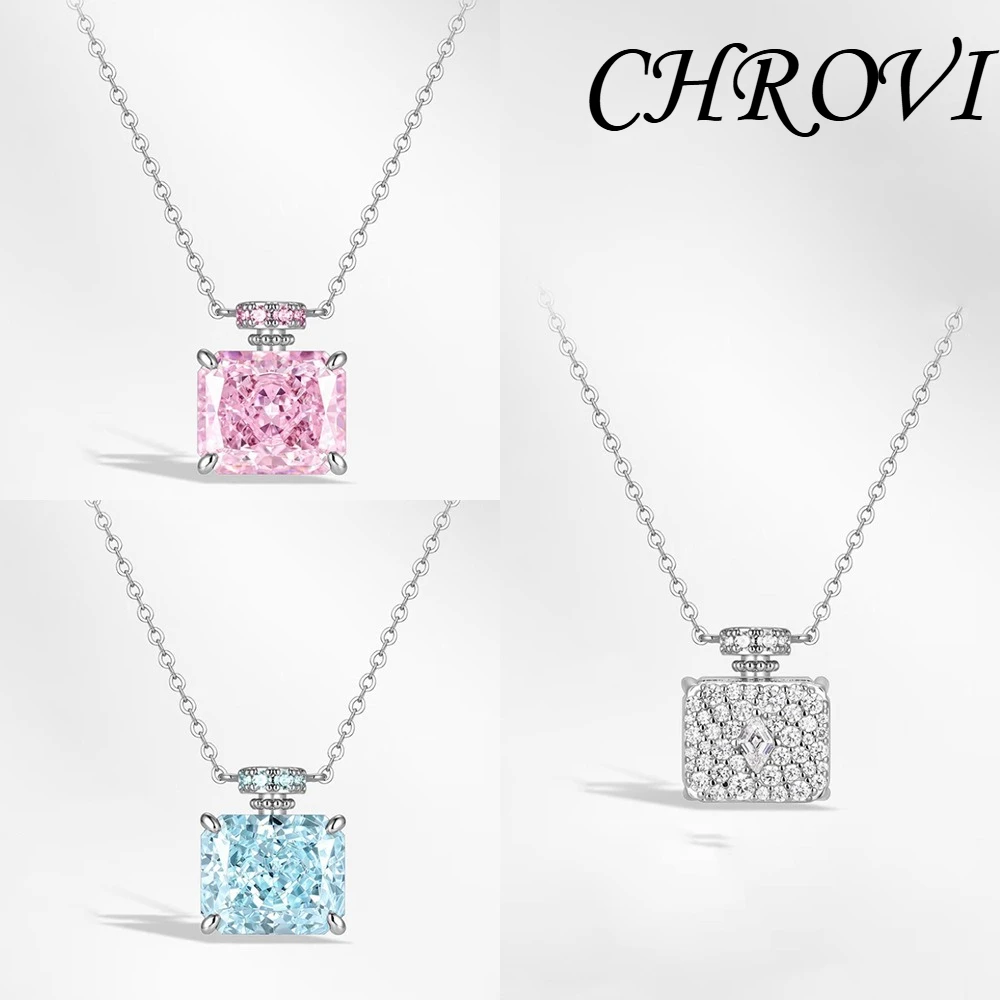 Quality 925 Sterling Silver Ice Flower Blue Perfume Bottle Pendant, Pink Double-Sided Diamond-Studded Necklace for Women