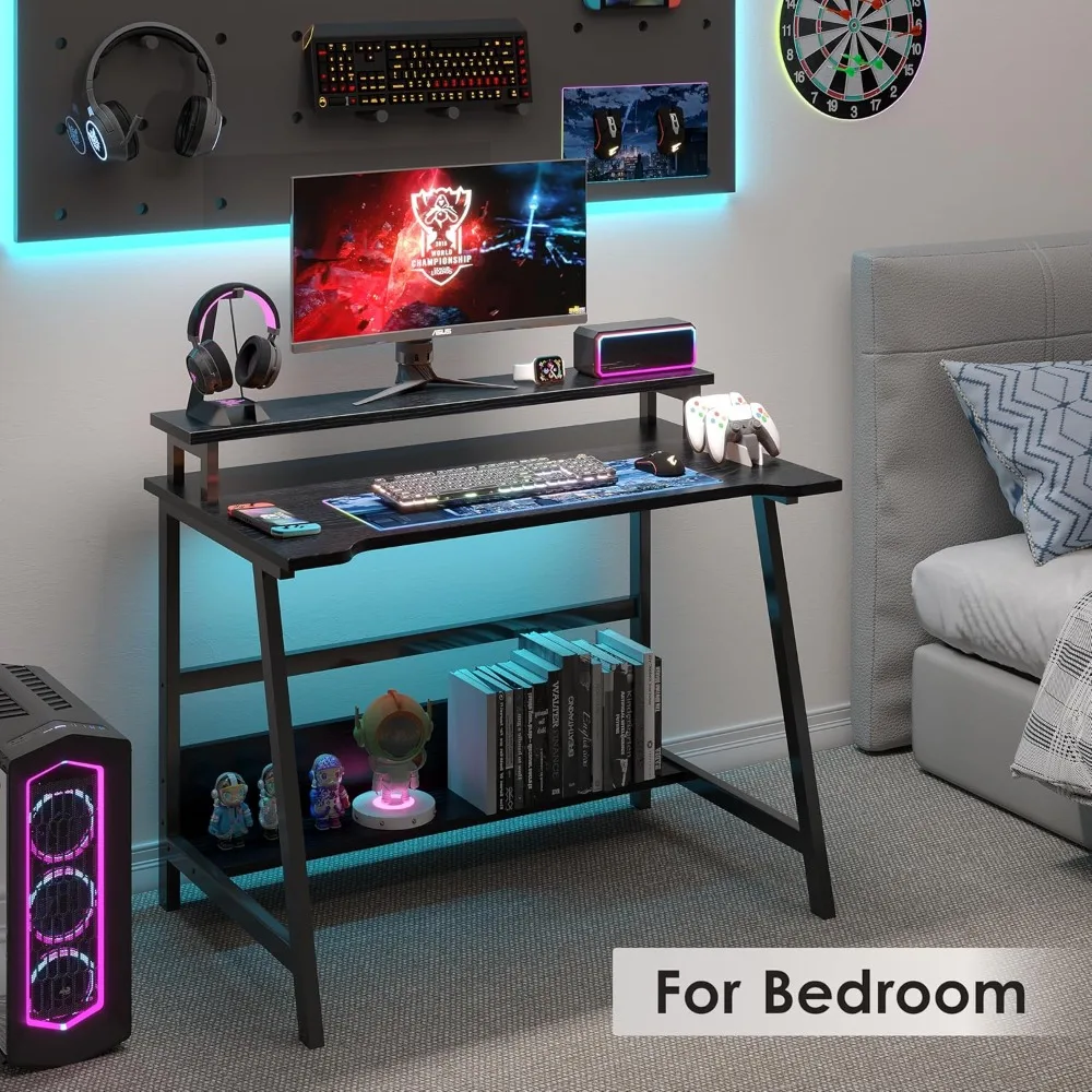 مكتب مكتب منزلي مدمج مع رف تخزين ورف كتب للمساحات الصغيرة، مثالي للشاشة والكتب