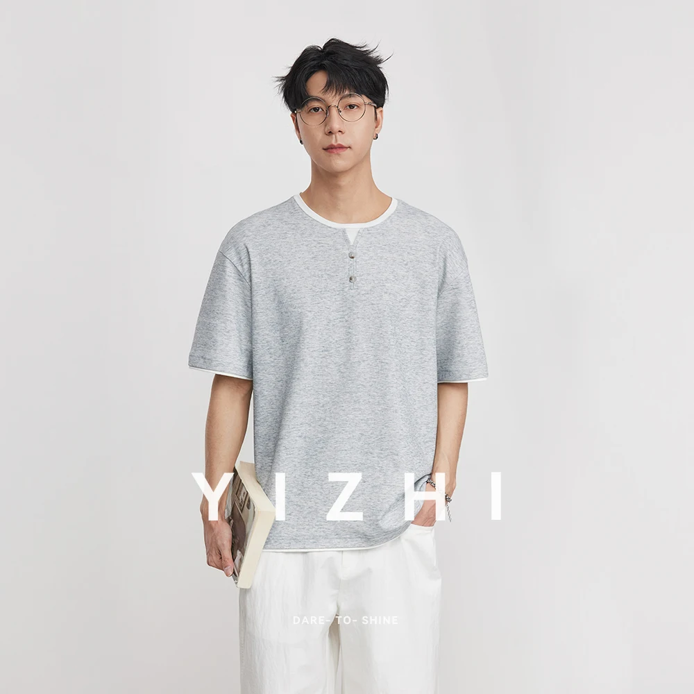 

Fashion Fake Two-piece Retro Henry Collar Knitted Short-sleeved 2026 Summer T-shirt Men's American Solid Color Casual Pullover