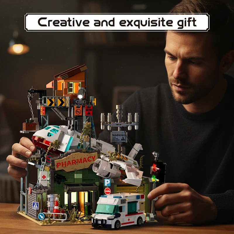 2076PCS Wrecked Plane Pharmacy Building Blocks Set MOC City Street View Bricks Model Desktop Ornament DIY Assembly Toys For Birthday Christmas Gifts view 2