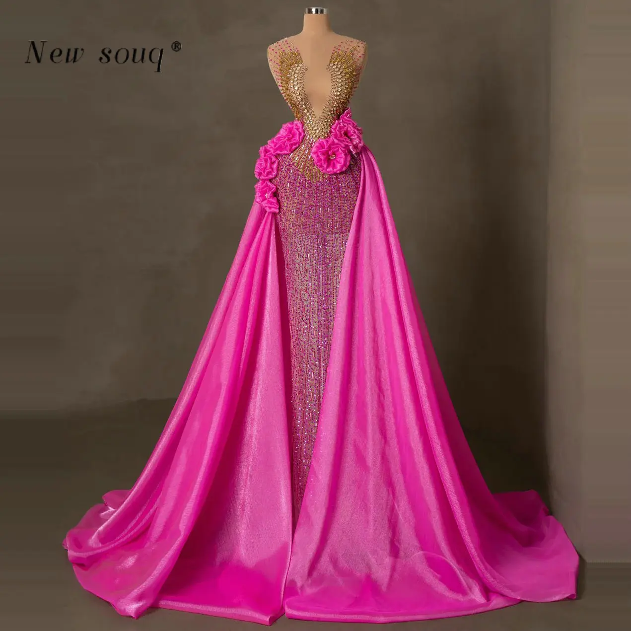 Two Pieces Pink Long Evening Dresses with Gold Crystals Handmade Flowers Sexy Illusion Overskirt Prom Events Wedding Party Gowns