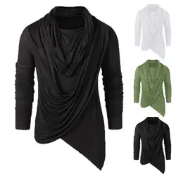Retro Asymmetrical Piled Neck Men Shirt Long Sleeve Men T-shirt Pure Color Anti-shrink Men Shirt Base Tops Autumn Sweatshirt