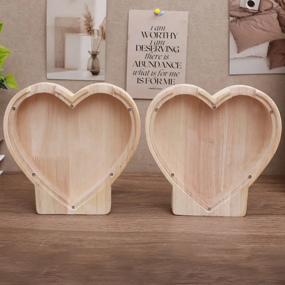 Creative Heart Shaped Heart-shaped Piggy Bank Wooden Clear Wooden Saving Box Fashion Wooden Crafts Ornament Wedding