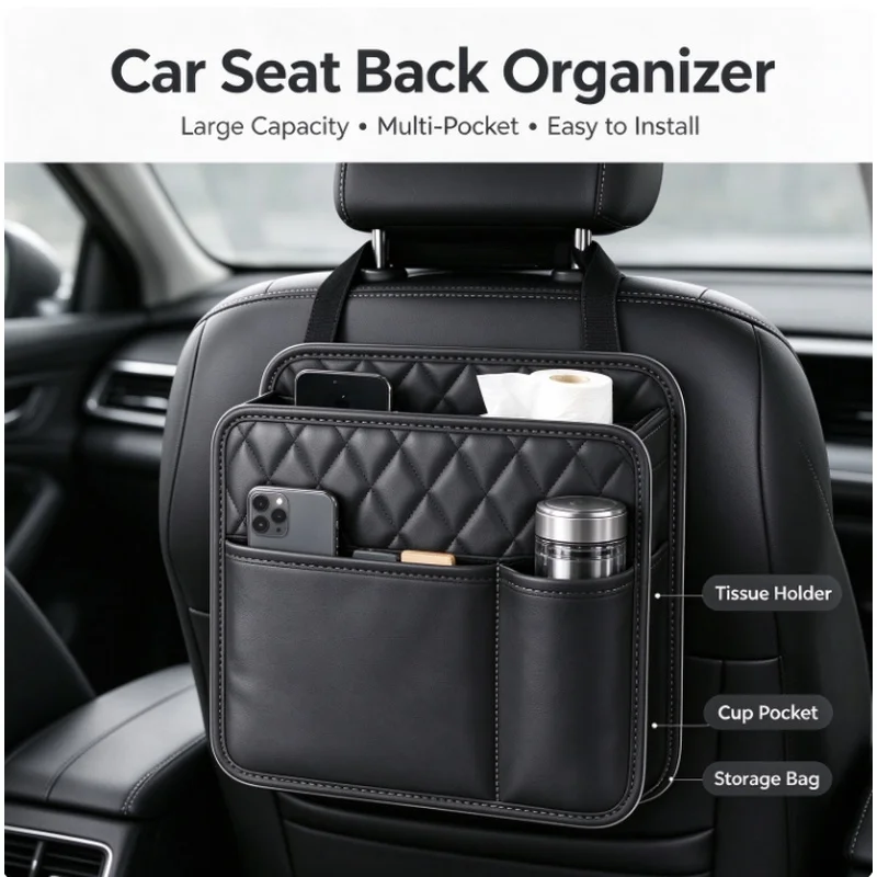 Christmas Stocking Stuffers Waterproof PU Leather Car Seat Back Storage Organizer Multi-Pocket Tissue Cup Garbage Holders