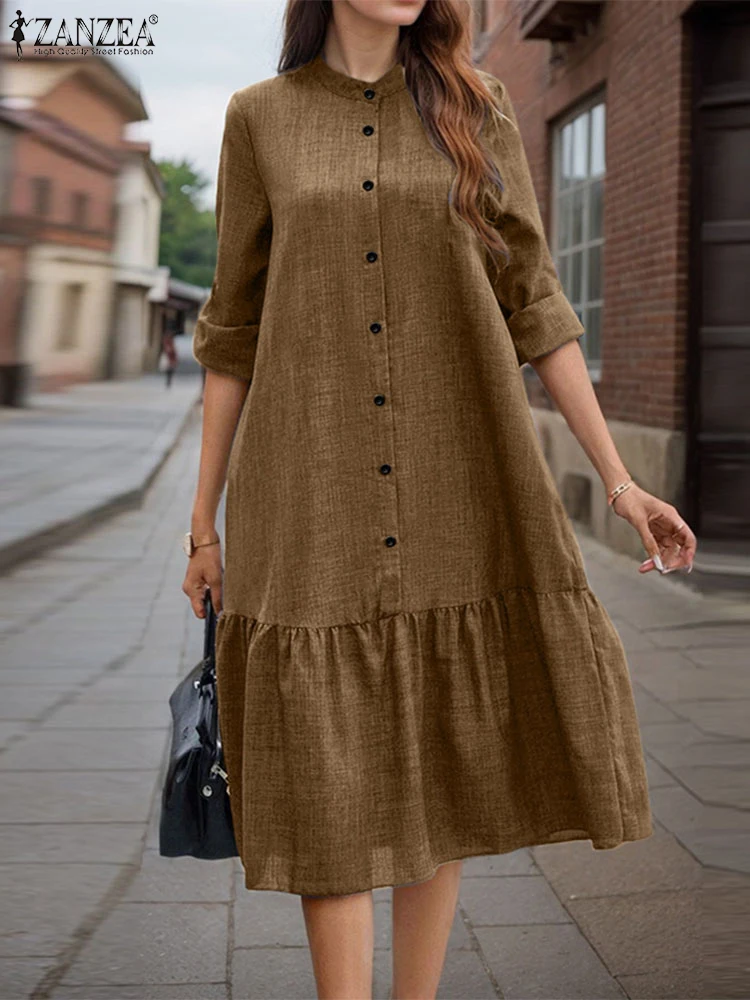 Abito camicia a maniche lunghe vintage con scollo a O 2025 ZANZEA Vestito estivo primaverile da donna Abiti da lavoro solidi Bottone casual Midi Robe Vestidos