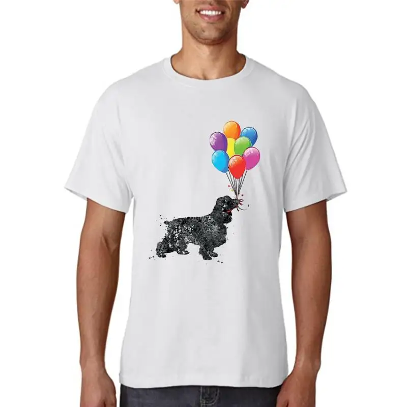 Title: Watercolor Design Black Cocker Spaniel Dog With Balloon T Shirts Women Fashion White T-Shirt Tops Tee Female Summer