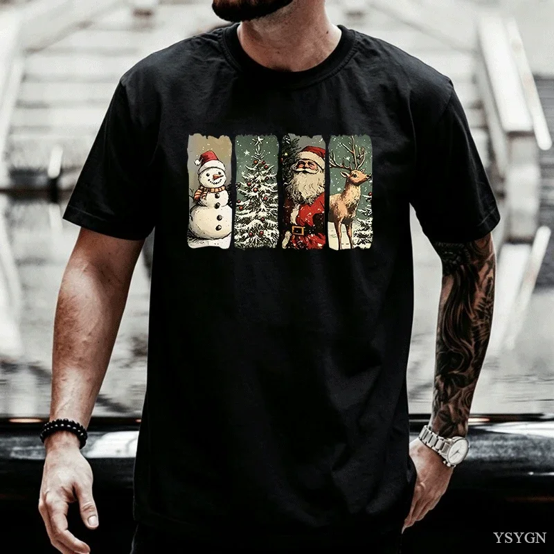 Merry Christmas Retro Holiday Men's T Shirt Santa Claus Snowman Reindeer Tree Vintage Washed Breathable Soft Slightly Tops