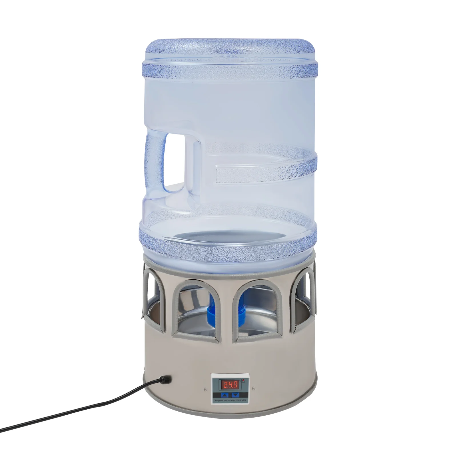 سخان مياه للدجاج باللون الفضي + الأزرق سعة 18.9 لتر من الفولاذ المقاوم للصدأ بقدرة 80 وات مع سلك طاقة كهربائي بسلك 3 أمتار #4