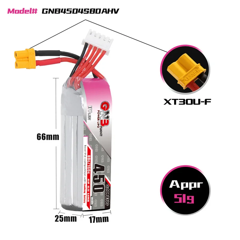 Gaoneng GNB 4S HV 15.2V 450MAH 80C/160C Lipo battery for Indoor UAV With High Voltage Aerial Model FPV RC Part With XT30U-F Plug