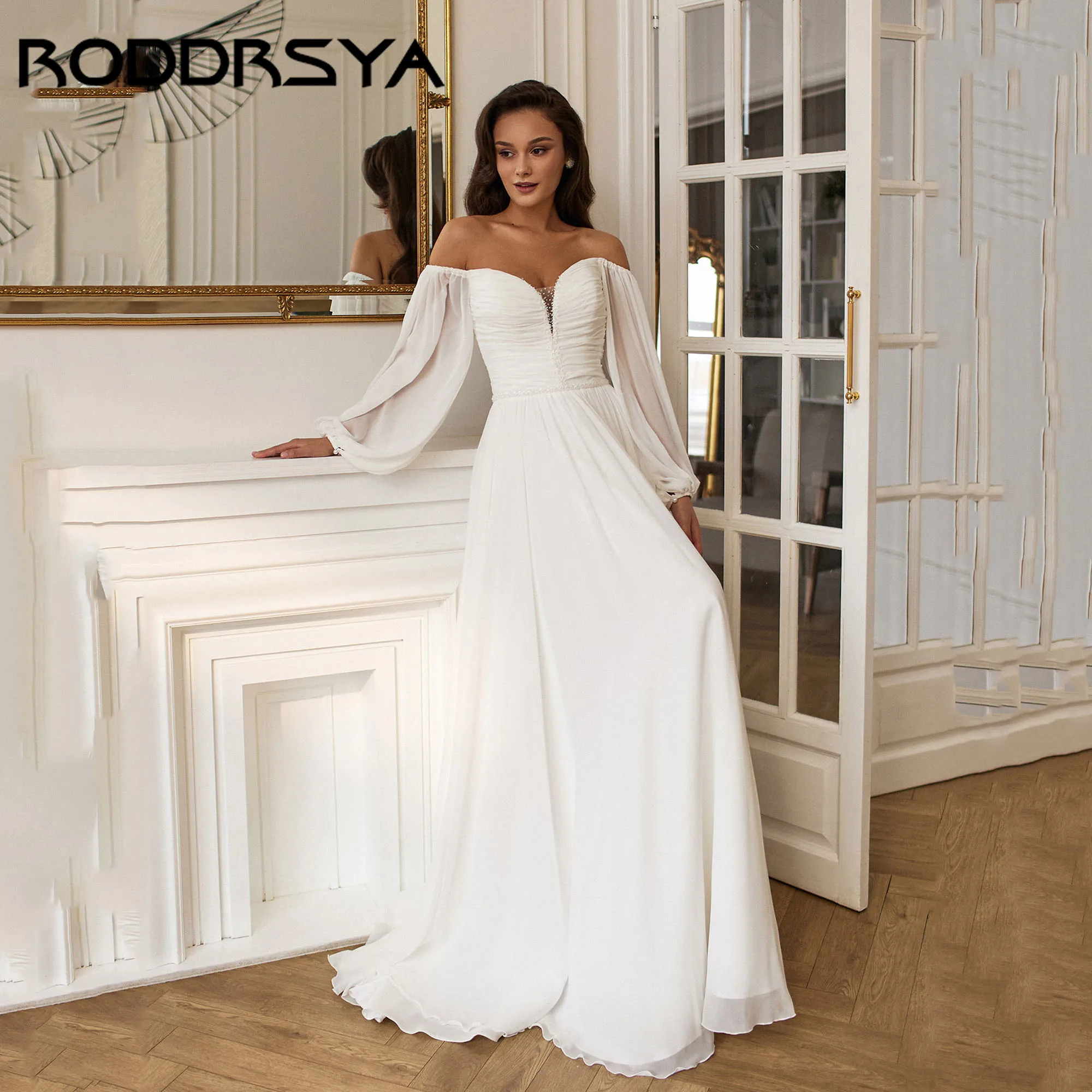 

RODDRSYA Chiffon Bridal Dresses Sweetheart Off Shoulder A-line Wedding Gown Beaded Backless Elegant vestidos de novia Customized