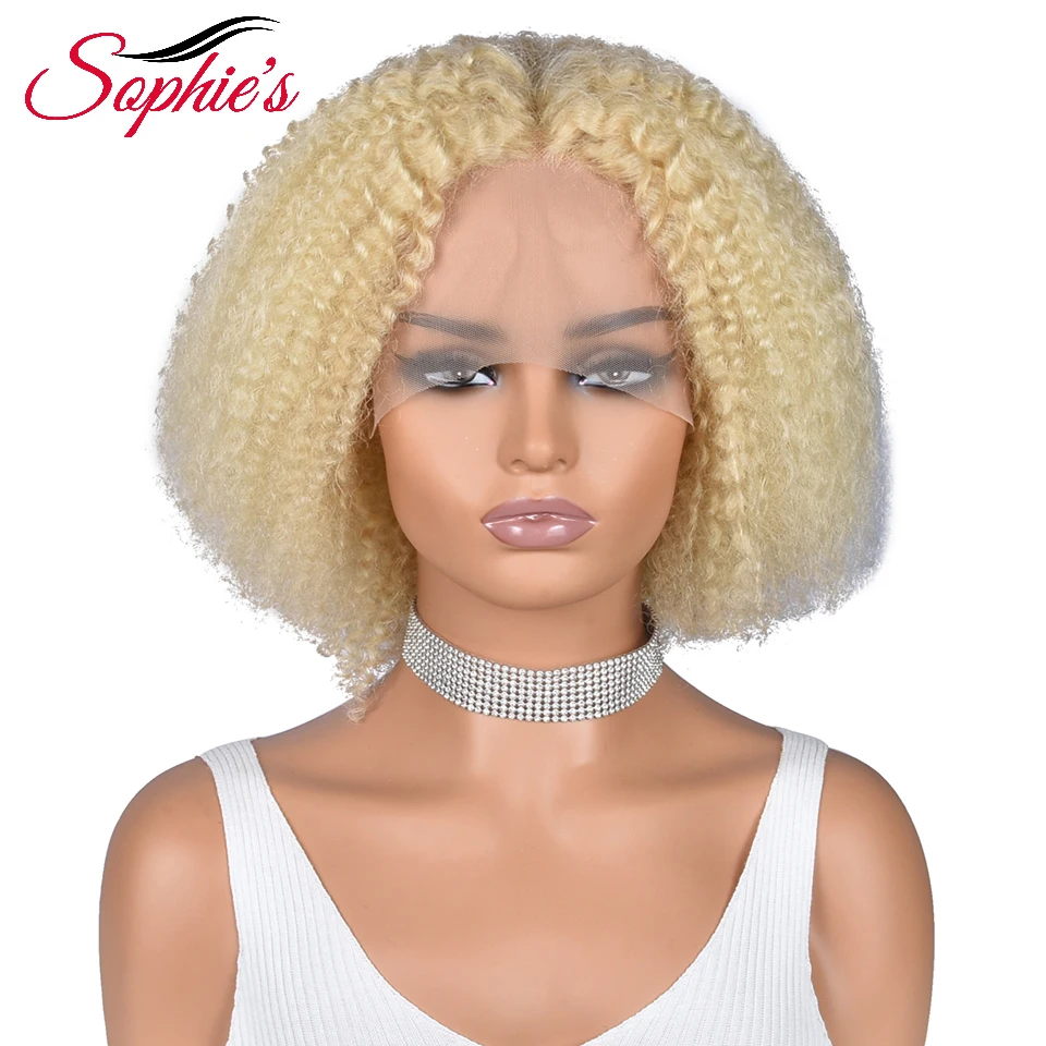 Sophies T Part Lace Front Wigs For Women Human Hair 613 Blonde Color Kinky Curly Hair Wigs Brazilian Hair Remy Hair 180% Density