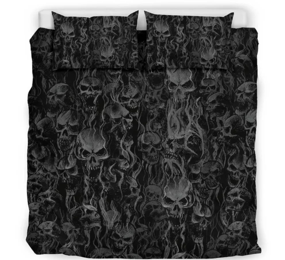 طقم لحاف مكون من 3 قطع على شكل جمجمة فضية - لحاف على شكل كومة جمجمة - غطاء سرير على شكل جمجمة - طقم سرير على شكل جمجمة