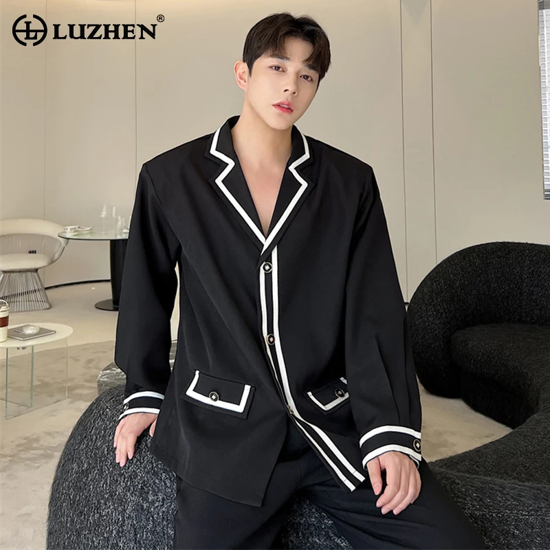 

LUZHEN Korean Suit Collar Design Shirt Coat Men's Trendy 2024 Spring New Elegant Loose Edge Color Contrast Fashion Tops LZ1355