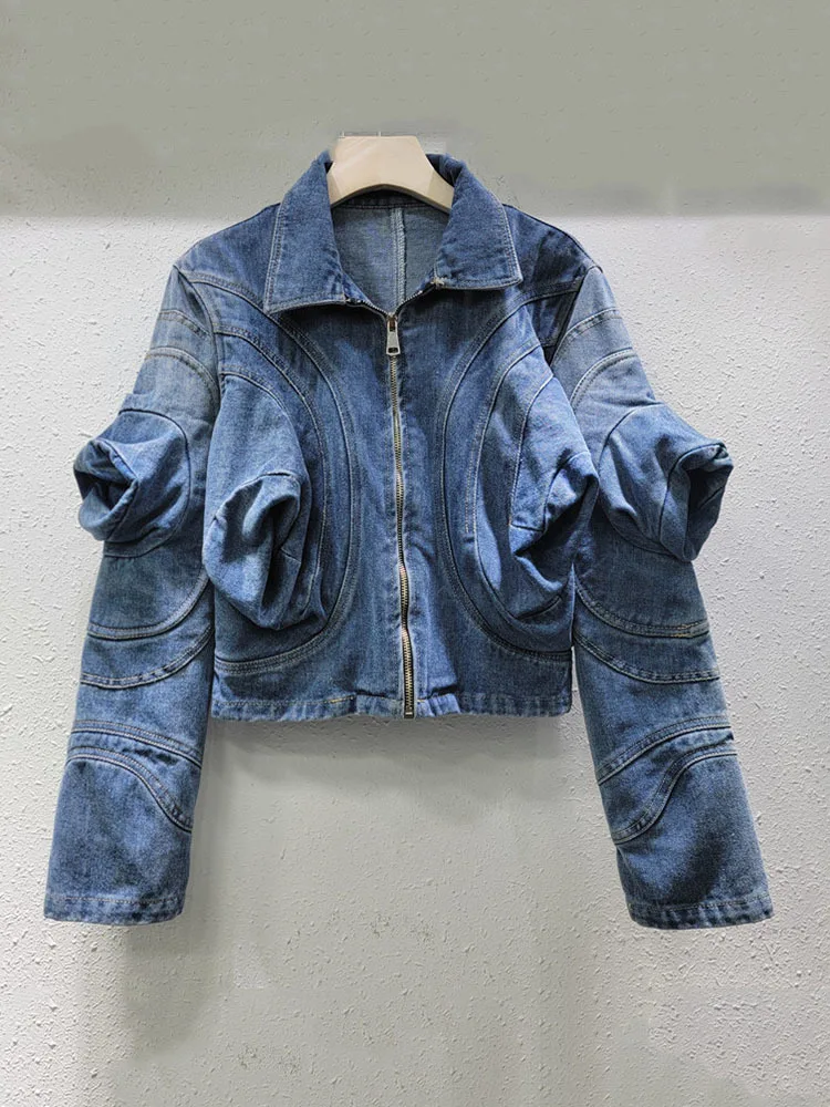 DEAT Trendy Womebn\'s 3D Puff Long Sleeves Design Denim Coat 2024 Autumn Fashion New Items Lapel Zipper Jacket Female 11A0645