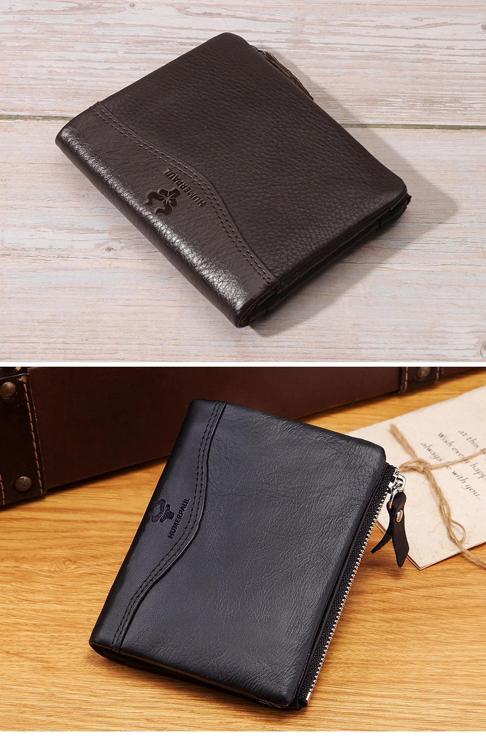HUMERPAUL Klassische Geldbörse aus genarbtem Leder, zweifach faltbar, Kreditkartenetui, schmale Herren-Clutch mit Münzfach mit Reißverschluss, Qualität – Detail 9