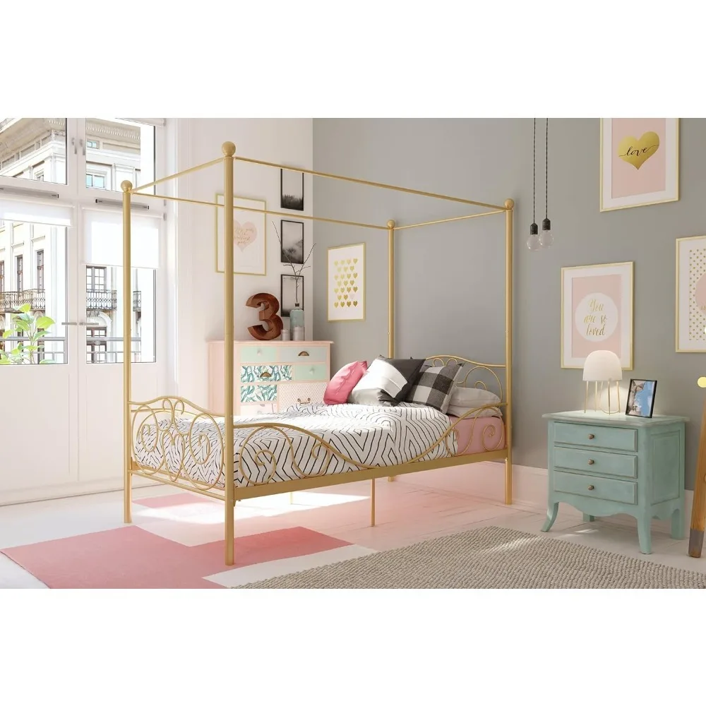 Metal Canopy Kids Platform Bed with Four Poster Design, Scrollwork Headboard and Footboard, Underbed Storage Space Beds