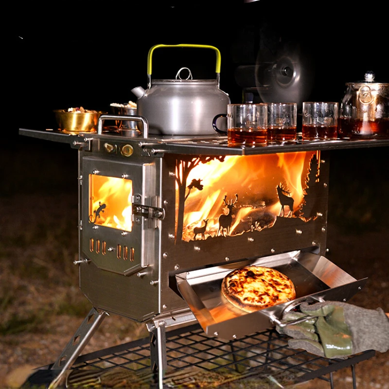 Outdoor camping firewood stove, tent heating  particle compartment with oven wing plate folding