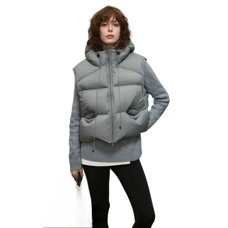 Branco ganso para baixo com capuz colete curto feminino outono e inverno novos puffs pequeno colete jaqueta grossa bonito temperamento