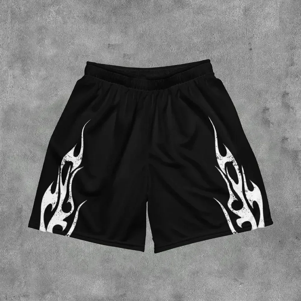 Street Sports Fashion Vintage Y2k Flame Graphic Drawstring Basketball Shorts Training Breathable Fashionable Casual Shorts Moto