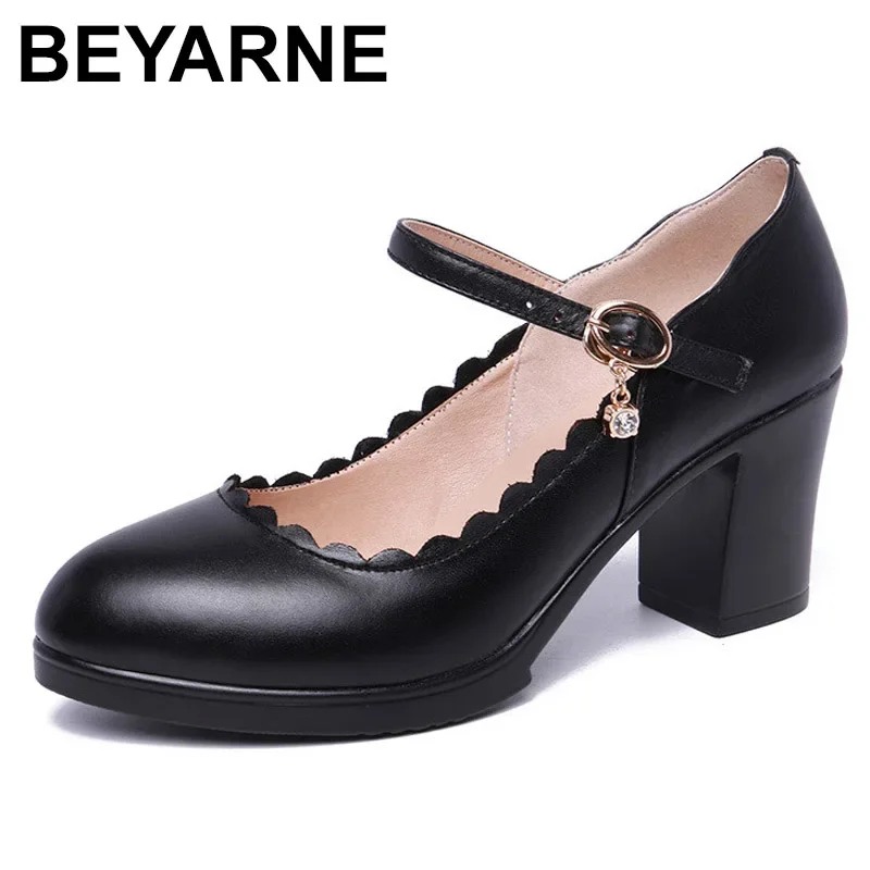 

BEYARNE women pumps comfortable leather high heel shoes women casual round toe thick heels office shoes black white