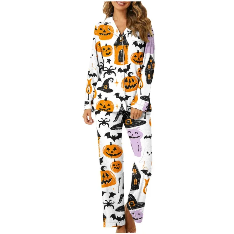 Ladies' Autumn Turn-down Collar Halloween Series Long Sleeve Wide Leg Pants Design Sleepwear Two Piece Set