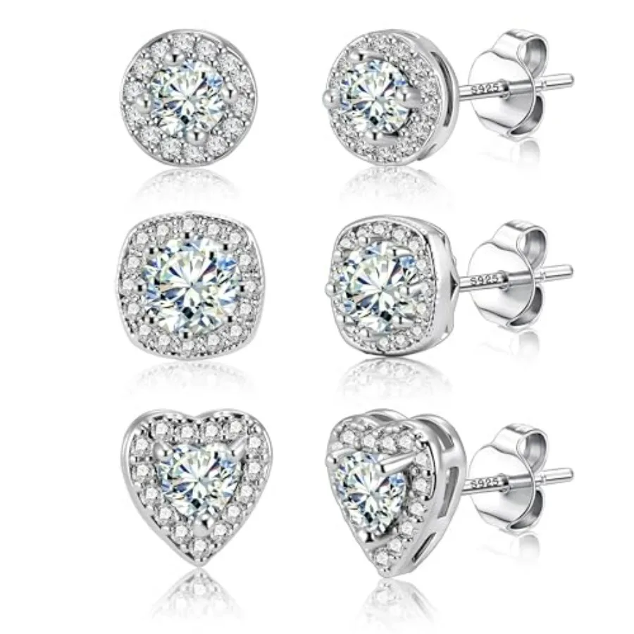 

ALEXCRAFT Sterling Silver Stud Earrings for Women Cubic Zirconia Halo Round Heart Square Diamond Large Silver Stud Set Earring