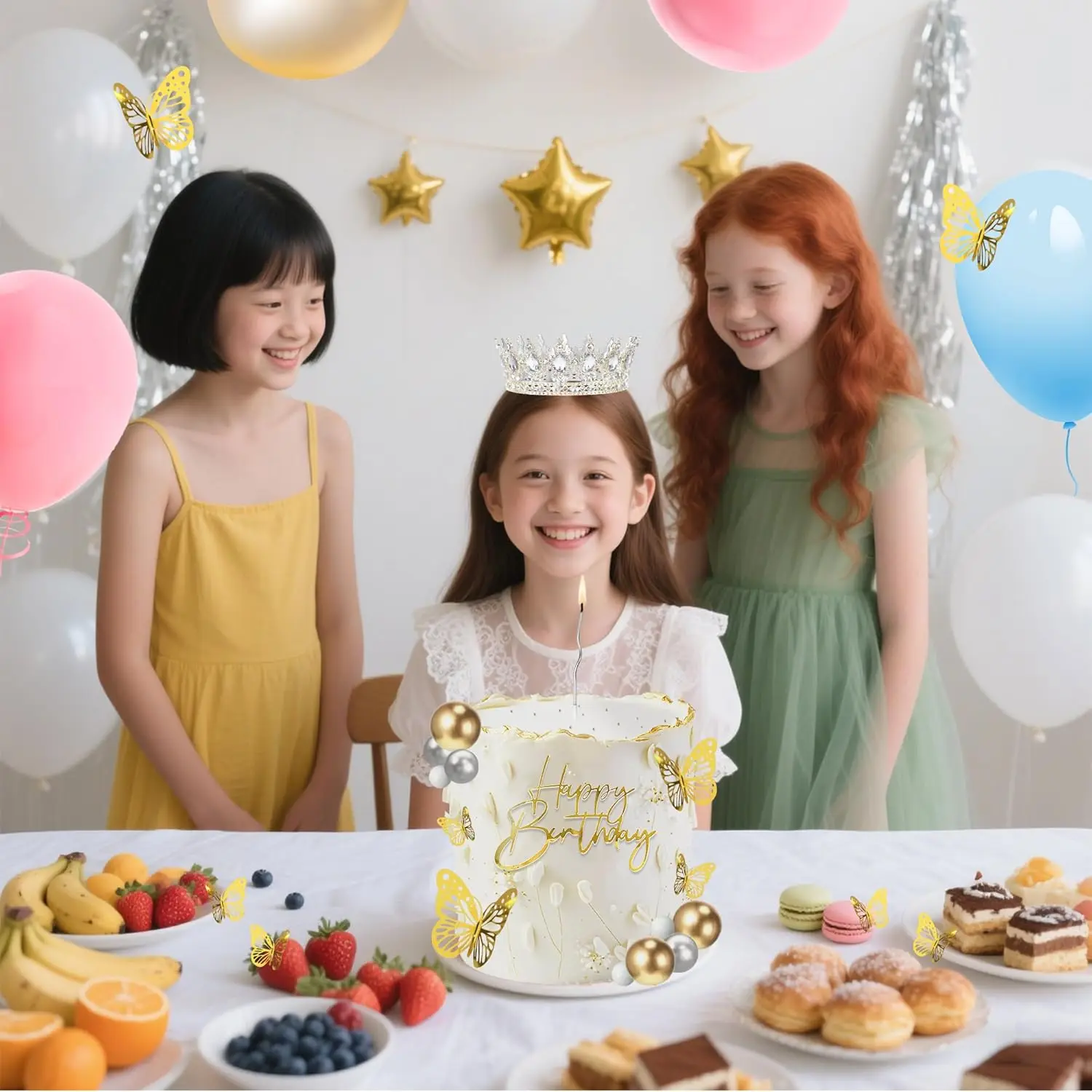 Kronen-Kuchenaufsatz, Kugeln, alles Gute zum Geburtstag, Kuchenaufsätze mit Kerzen, goldene Schmetterlinge, Kuchendekorationen für Hochzeit, Babyparty, Party – Detail 15