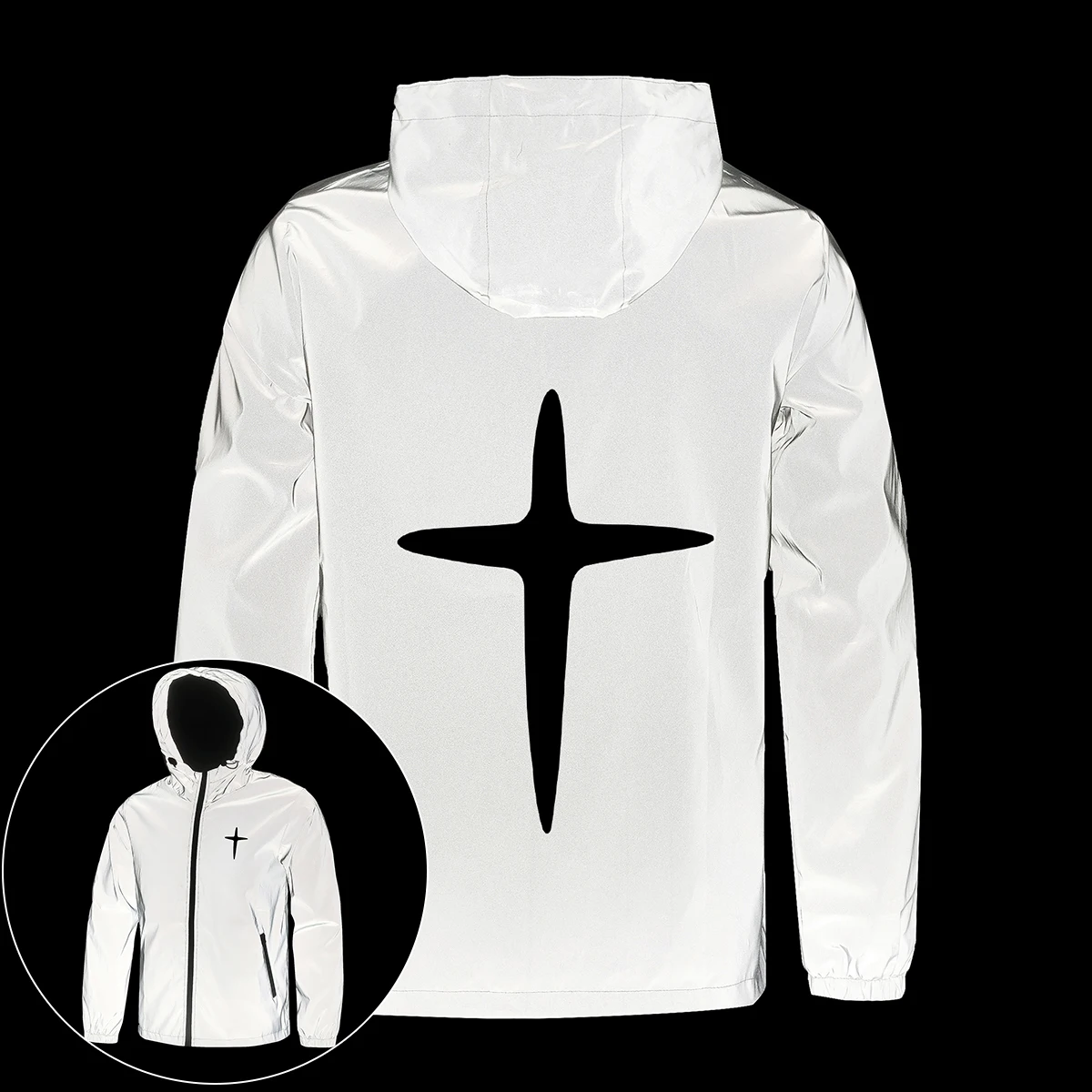 

Ночные светоотражающие куртки с перекрестным принтом, мужские уличные ветрозащитные пальто с капюшоном, светящаяся безопасная уличная одежда для бега, езды на велосипеде в стиле хип-хоп