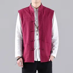 2023Summer Autumn Men Chinese Style Vests Vintage Linen Vests Mens Sleeveless Hanfu Cardigan Male Harajuku Open Stitch Waistcoat