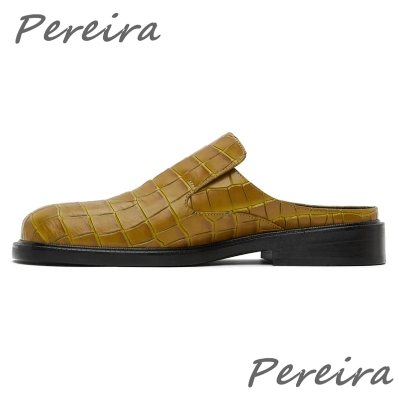 Geruite Echte Leren Schoenen Vierkante Neus Casual Halve Slippers Britse Stijl Mannen Platte Schoenen Zomer Nieuwe Comfortabele Loafers