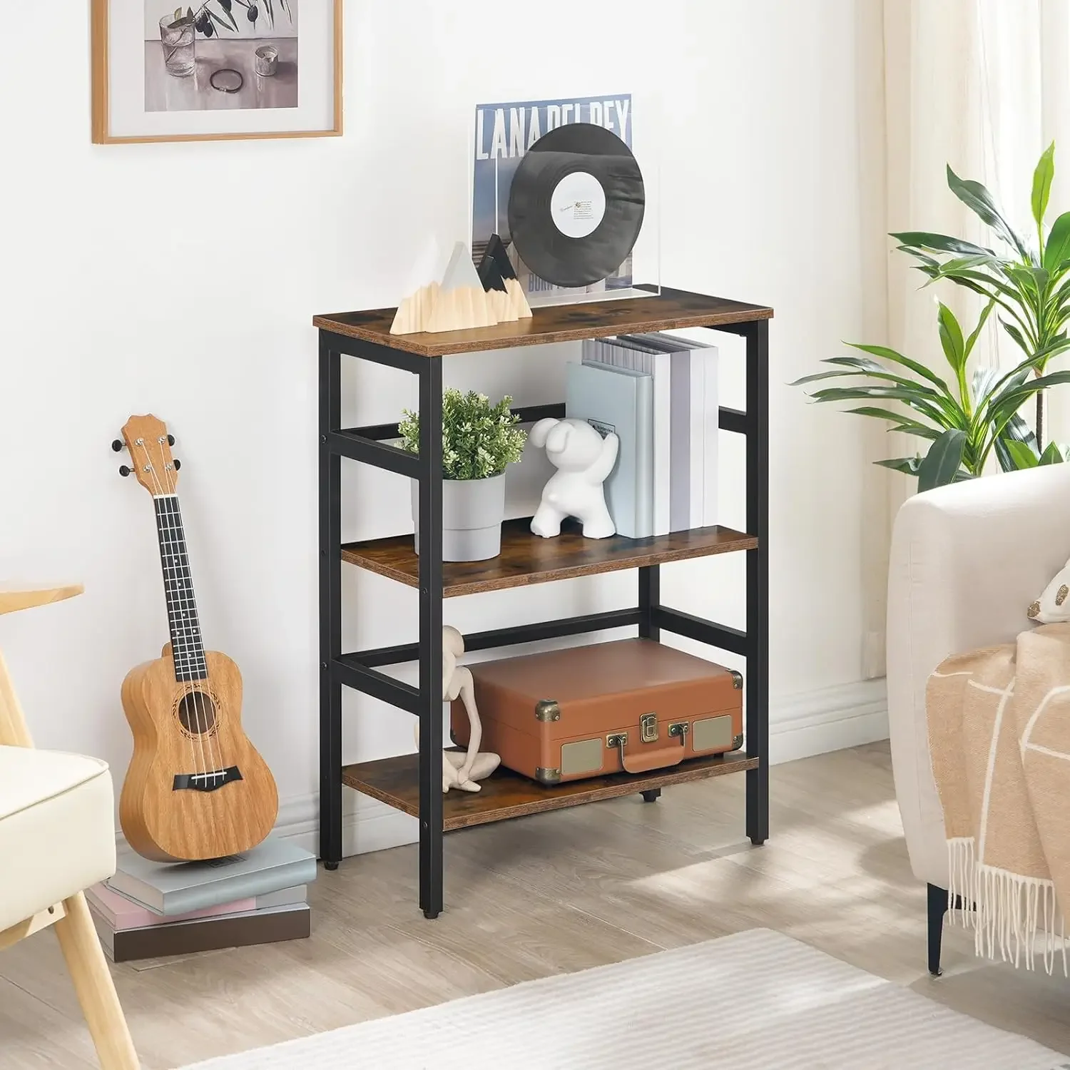 3 Tier Bookshelf Industrial Bookcase Record Storage Rack with Side Fence Wood Storage Shelf with Metal Frame Rustic Open Display