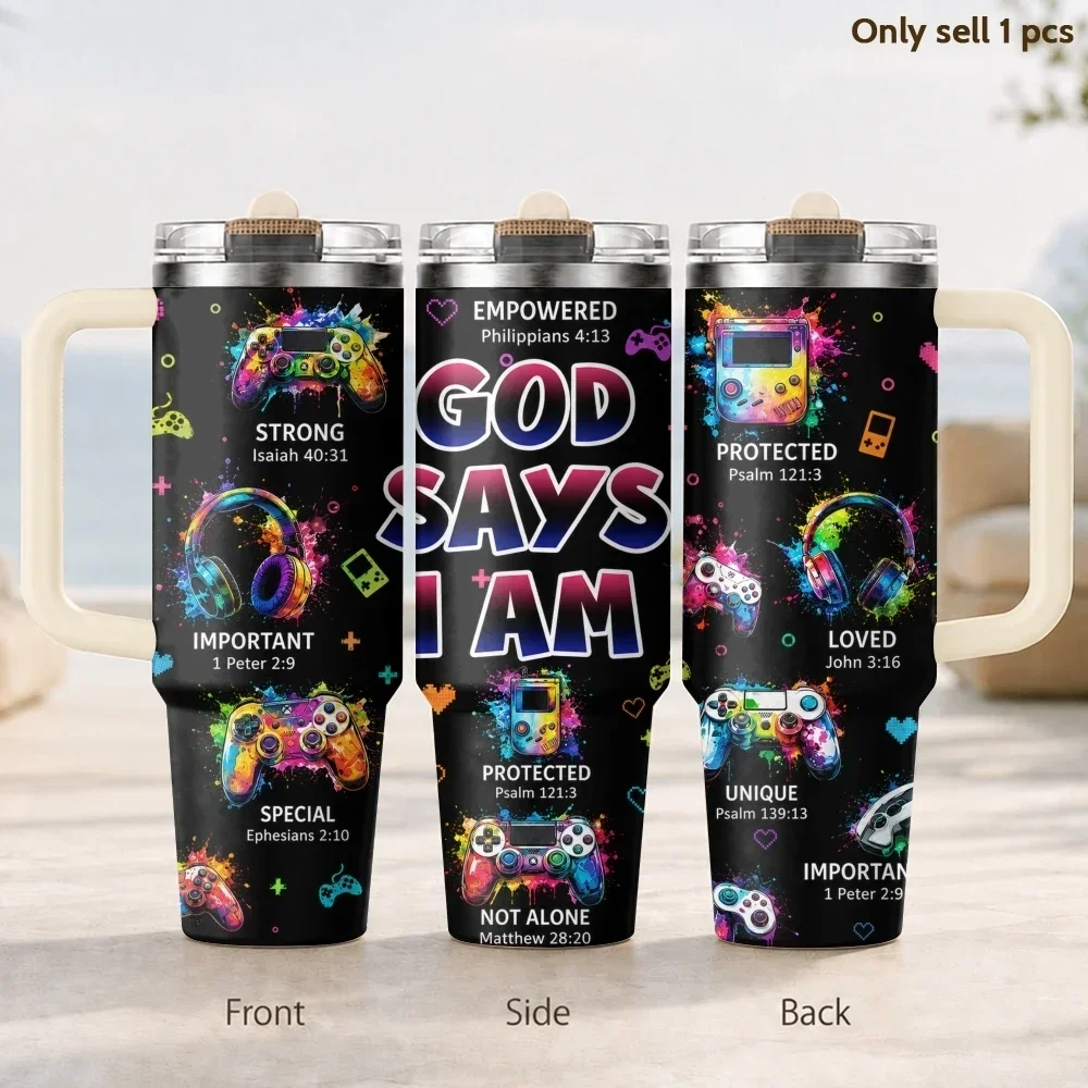 GOD Says I AM Gamer God Art Vacuum Flasks 40oz 3rd Gen Vacuum Insulated Stainless Steel Tumbler Cup With Handle Straw Lid