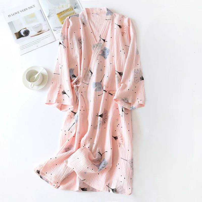 Spring and Summer Pure Cotton Yarn Kimono Pajamas V-Neck Printing Plus Size Pijama Mujer Loungewear Women 2 Piece Sleepwear