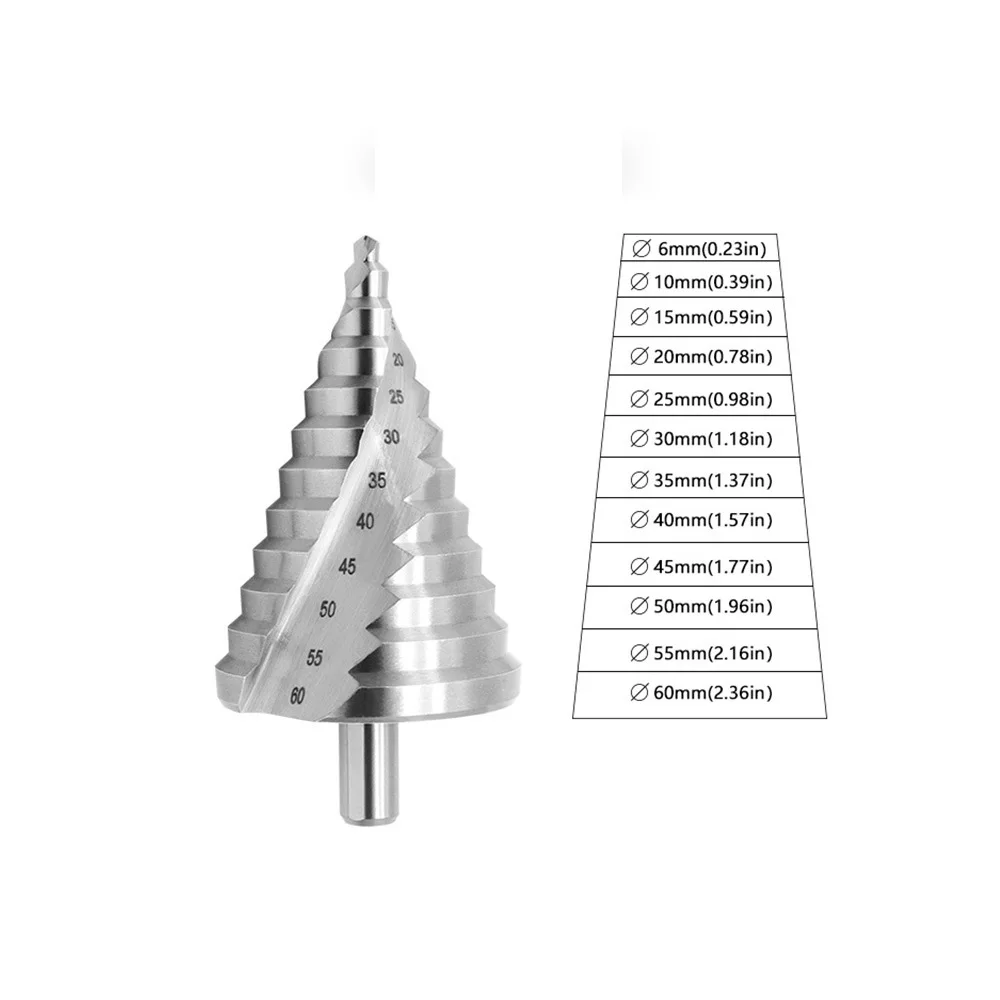 Punta da trapano a gradino da 6 mm a 60 mm Scanalatura a spirale Taglierina per fori per pagoda Lamiera di metallo Punta da trapano a cono Gambo triangolare Foro passo Apri Alesatore