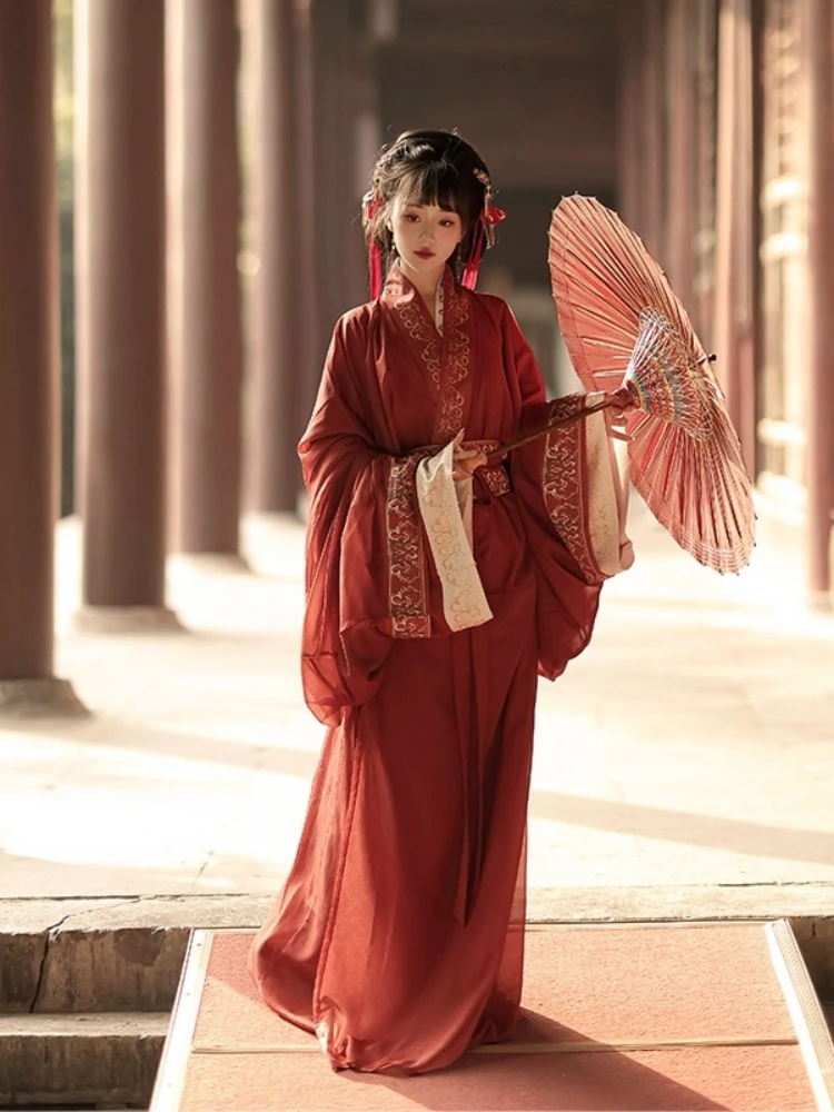 Chinese Straight-Front Robe,Female Hanfu,Red Color,Daily, Performance Costumes,Long Skirt,3pcs/set Inner/outer Robe And Belt