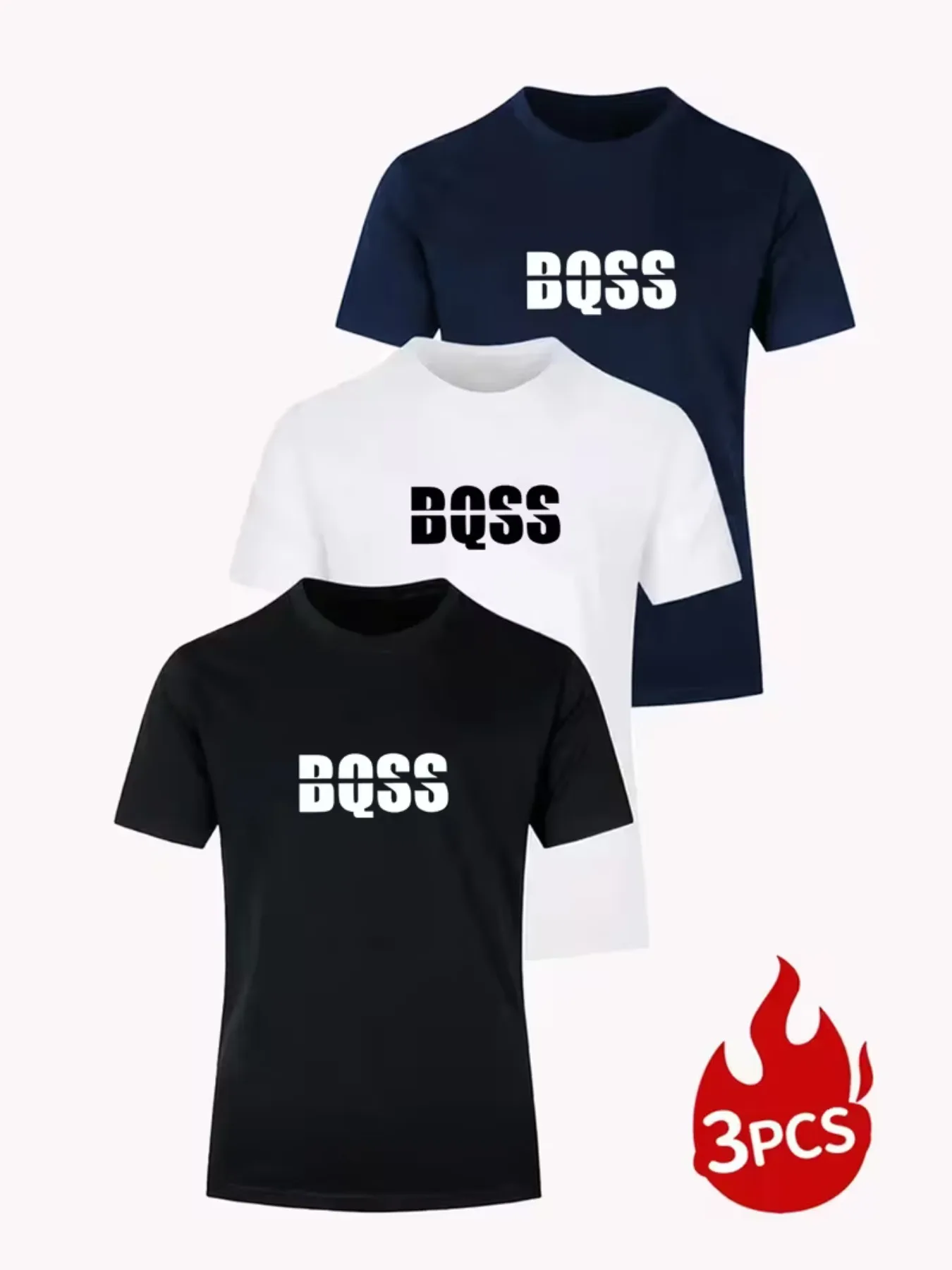 

3-piece men's printed T-shirt - Soft and breathable pure cotton round-neck T-shirt with stylish and cool BQSS pattern print