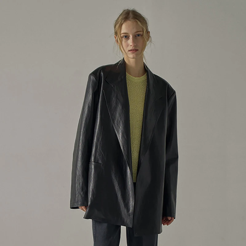 Cappotto Lungo in Pelle Stile Coreano Retrò alla Moda, Giacca Oversize con Colletto Risvoltato, Abbigliamento Esterno per Donna
