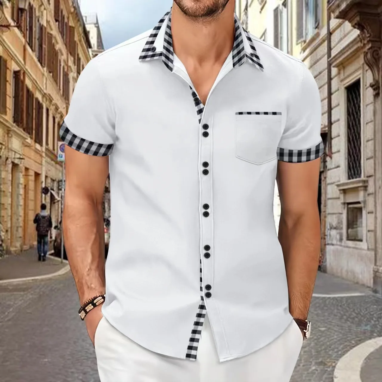 Summer New Men's Shirt 2026 Fashion Men's Checkered Pocket Splicing Lapel Short Sleeve Tops Hawaii Casual Men's beach shirt