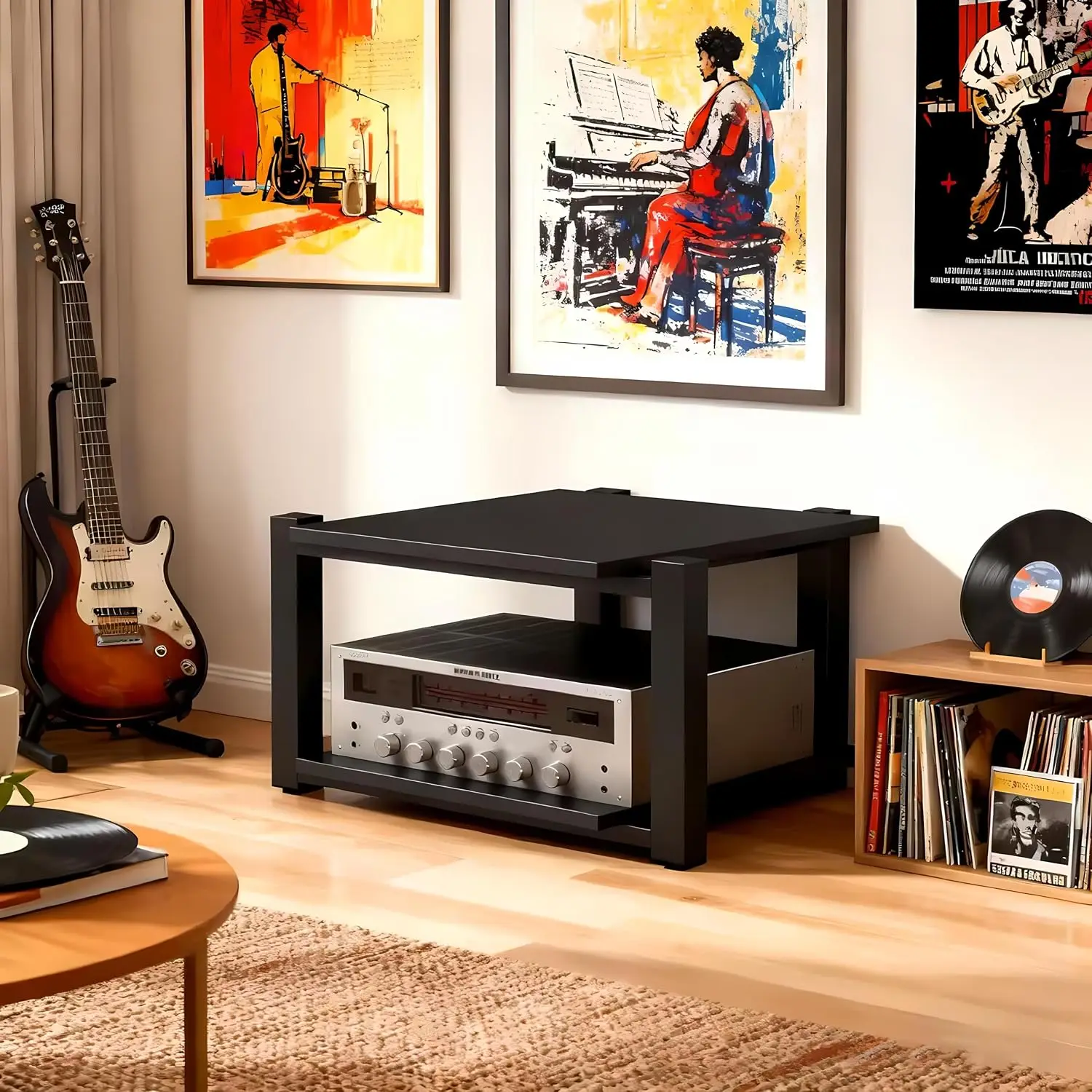 Heavy Duty Audio Rack Tower, Av Media Player Stand with Wooden Shelves, Black Cd Stereo Equipment Cabinet, Suitable for Home,Off