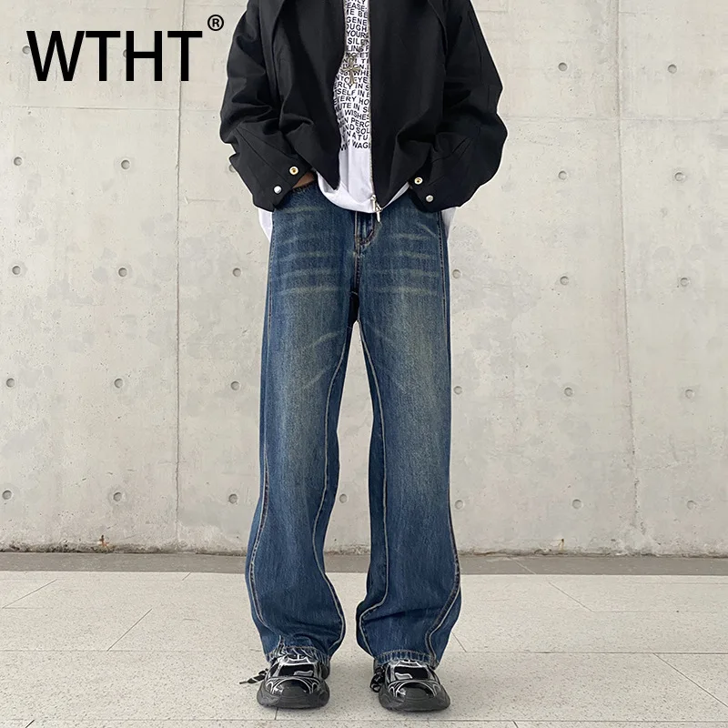 

WTHT Fashion Men's Gradient Striped American Style Denim Pants Vintage Wash High-waisted Straight Jeans Male 2025 Summer 2A0528