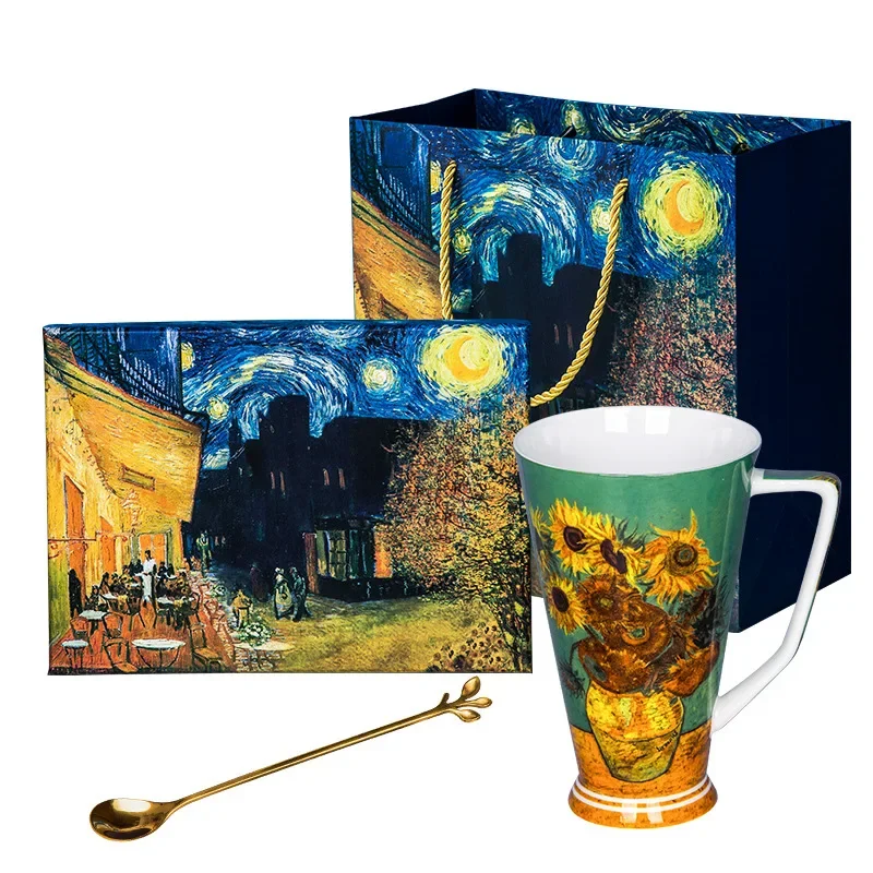 Van Gogh Ceramic Mug Coffee Large Espresso Cups Oil Painting Starry Sky Bone China Water Cup with Spoon Personalized Gift Box