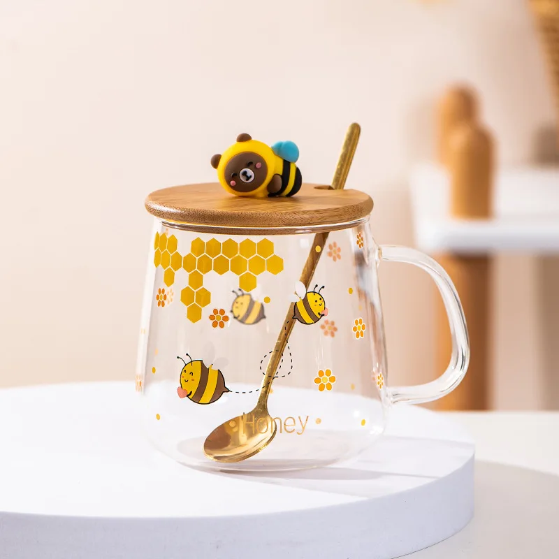 Bee Cartoon Glass Spoon Milk Cup Breakfast Cup New Year Mugs Coffee Cups Mug Beautiful Tea Mugs Mug With Lid Drinkware Original