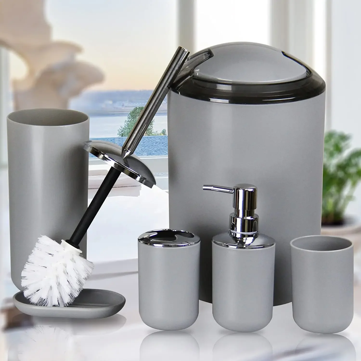 6Pcs/Set Bathroom Accessories Plastic Toothbrush Holder Cup Soap Dispenser Dish Toilet Brush Holder Trash Can Set  3 Color