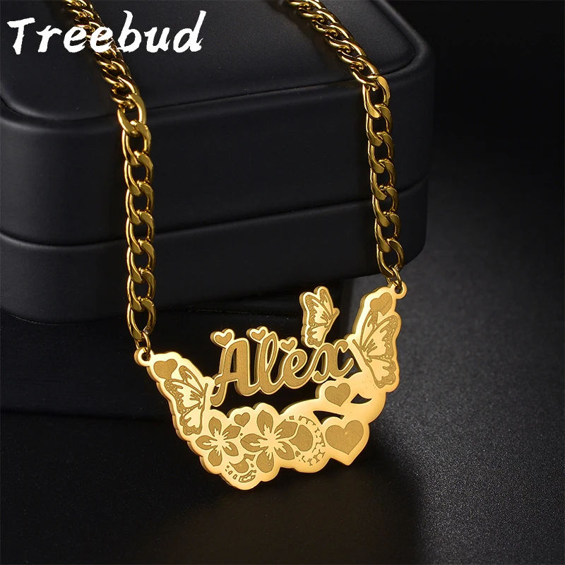 

Treebud Custom Flower Butterfly Name Necklace for Women Stainless Steel Personalized Engrave Heart Nameplate Pendant Jewelry