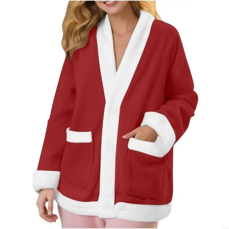 

Y3NE Women's Home Clothes Top Flannel Button Pajamas Shirt Plush Home Warm Winter with Pockets