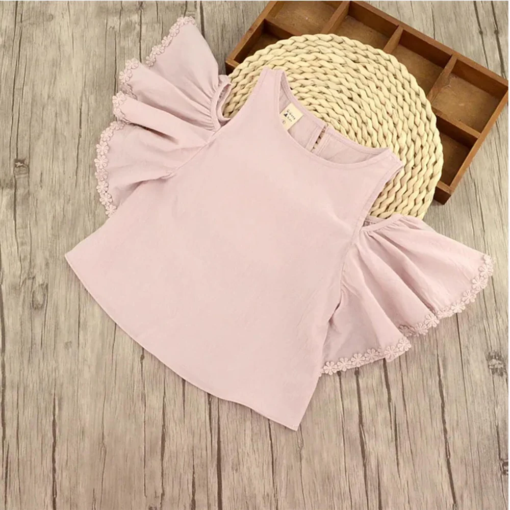 Summer Girls Blouses Tops Cotton Ruffles Sleeve Lace Casual Baby Girl Shirts for Children T Shirts toddler Kids Clothing